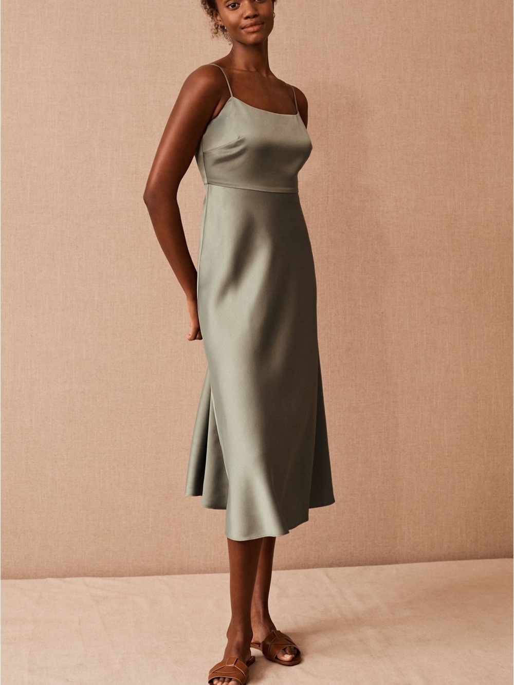 BHLDN Leti Dress Satin Slip Midi Dress in Sage Green